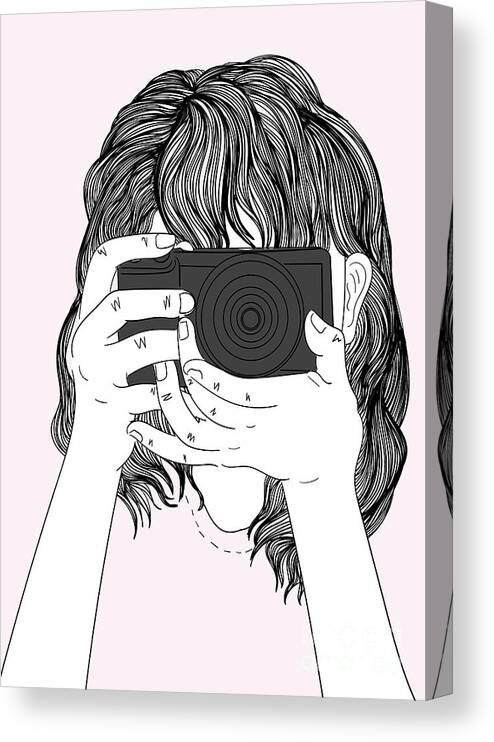 Graphic Canvas Print featuring the digital art Woman With A Camera - Line Art Graphic Illustration Artwork by Sambel Pedes