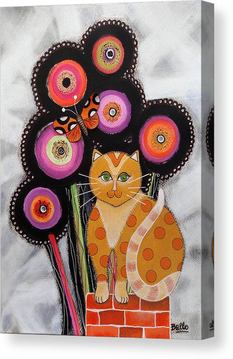 Cat Canvas Print featuring the painting Yellow cat with Flowers by Graciela Bello