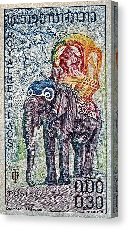 1958 Canvas Print featuring the photograph 1958 Laos Elephant Stamp by Bill Owen