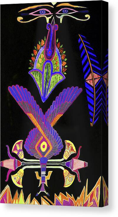 Egyptian Eyes Wings Feather Hearts Blue Black Canvas Print featuring the digital art Ancient Groove Dark by Phillip Mossbarger