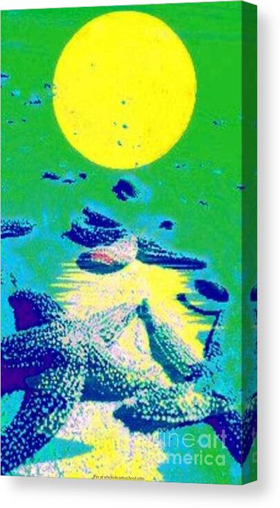 Blue Starfish Canvas Print featuring the painting Blue Starfish Yellow Moon by PainterArtist FIN