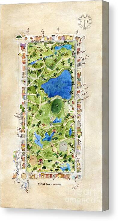 Central Park Canvas Print featuring the painting Central Park and all that Surrounds It by AFineLyne