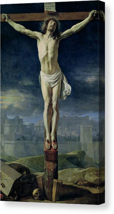 Calvary Golgotha Jerusalem Jesus Le Christ En Croix Passion Architecture Blood Crown Of Thorns Crucifixion Pain Skull Suffering Canvas Print featuring the painting Christ on the Cross by Philippe de Champaigne