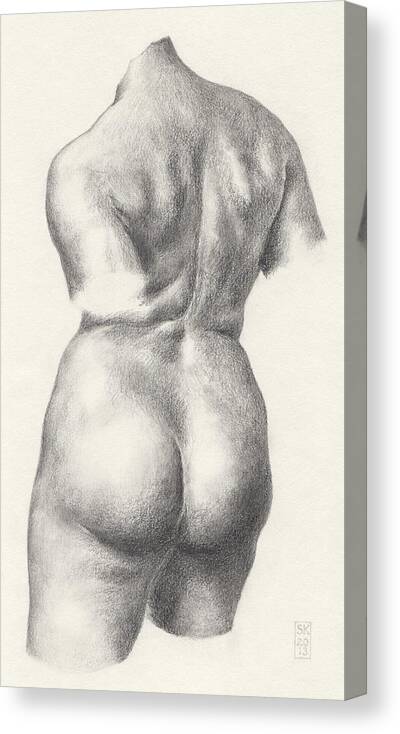 Female Nude Canvas Print featuring the drawing Graphite Drawing of Bronze-Torso Maillol Sculpture Chained Action by Scott Kirkman