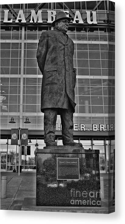 Lambeau Field Canvas Print featuring the photograph Lambeau Field and Vince BW by Tommy Anderson