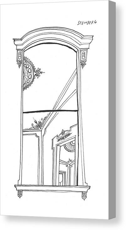 Saul Steinberg 93341 Steinbergattny   (window Looking Into Doorways Of A Victorian Apartment Or House.) Apartment Apartments Building Class Coiling Doorways Elaborate Estate ?at Home Homes House Into Looking Money Opulence Privacy Private Real Rent Rich Spot Sstoon Upper Victorian Voyeur Wealth Wealthy Window Canvas Print featuring the drawing New Yorker September 14th, 1957 by Saul Steinberg
