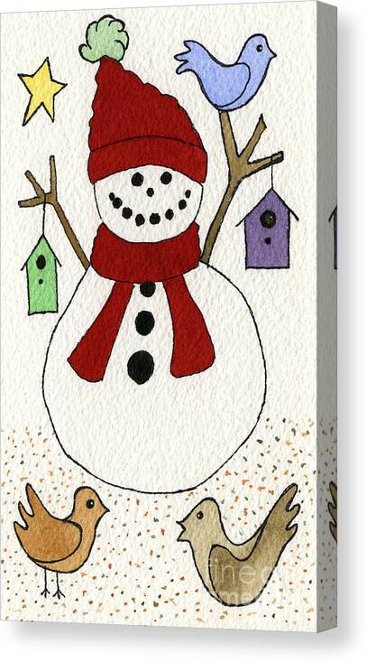 Snowman And Birds Greeting Card Canvas Print featuring the painting Snowman and Birds by Norma Appleton