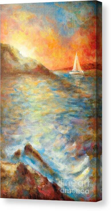 Ocean Canvas Print featuring the painting Sunset over the sea. by Martin Capek