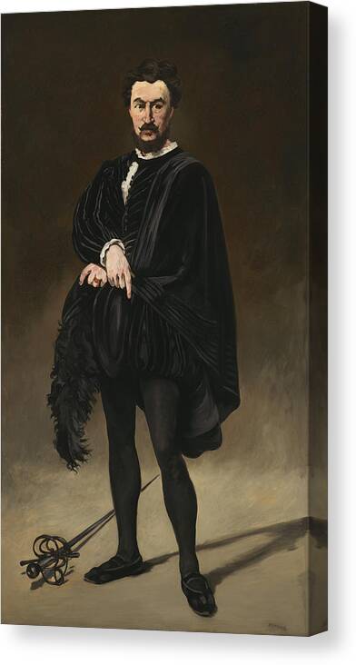 Sword; Cafe; Portrait; Literature; Male; Spanish; Influence; Velasquez; Impressionist; Tragedien; Shakespeare; Shakespearean; Actor; Character; Role Canvas Print featuring the painting The Tragedian Actor Rouviere as Hamlet by Edouard Manet