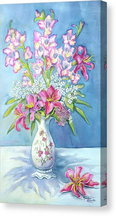 Pink And Blue Colors Canvas Print featuring the painting Pink Lillies In A Vase by Madeline Lovallo
