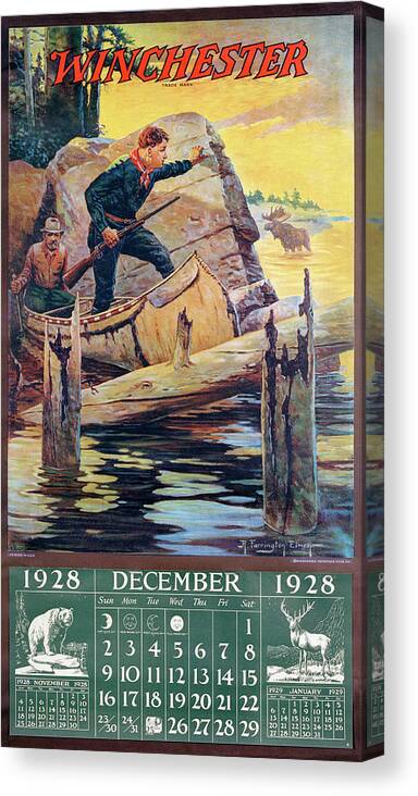 Outdoor Canvas Print featuring the painting 1928 Winchester Repeating Arms And Ammunition Calendar by R Farrington Elwell