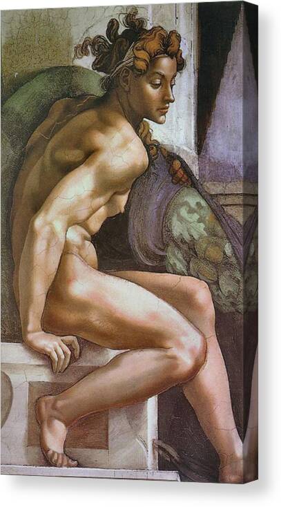 Ignudo Canvas Print featuring the painting Ignudo Number Two of 1509 by Michelangelo Buonarroti