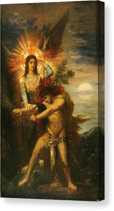 Gustave Moreau Canvas Print featuring the painting Jacob and the Angel by Gustave Moreau