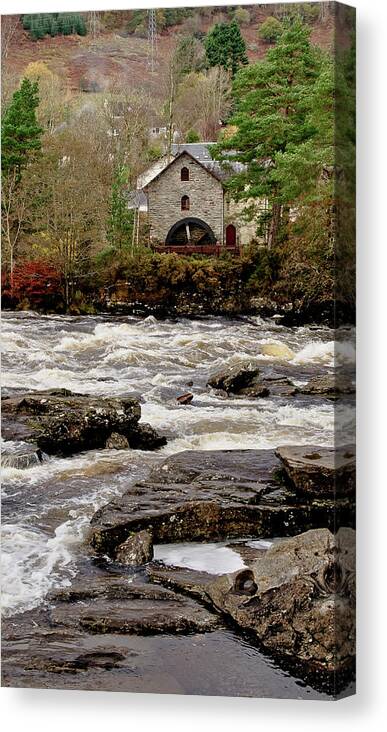 Old Mill Canvas Print featuring the photograph Old Mill at Dochart waterfalls by Elena Perelman