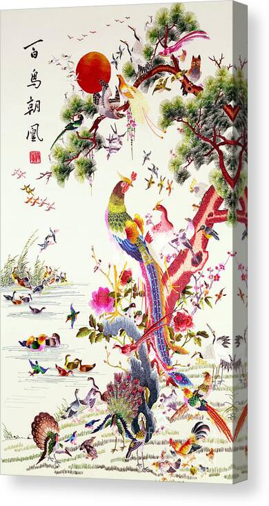 One Hundred Birds With A Phoenix Canvas Print featuring the painting One hundred birds with a Phoenix, Canton, Republic Period by Chinese School
