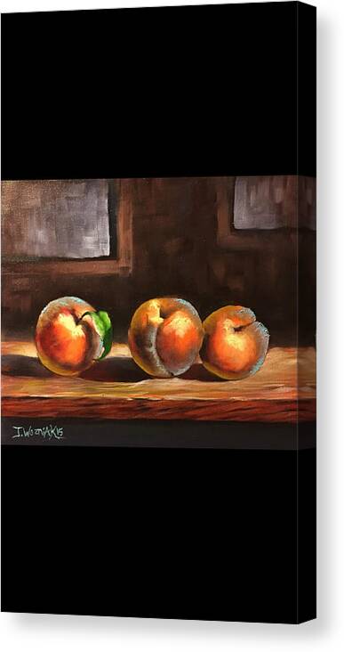 Peaches Fruit Board Painting Still Life Landscape Background Window Light Canvas Print featuring the painting Peaches by Justin Wozniak