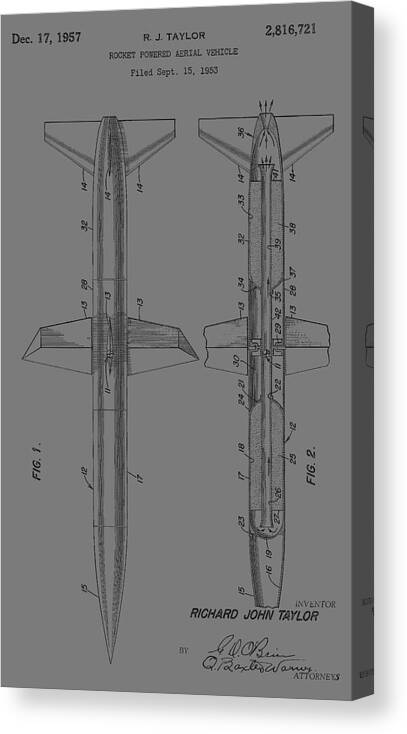 Rocket; Space; Patent; 1956; Age; Moon; Vehicle; Vintage; Artwork; Orbit; Solar; Cosmic; Invention; Restaurants; Office; Wall Art; Patent Illustration; Crafts; Blueprint; Collectable; ; Rights; Drawing; Illustration; Presentation; Vintage; Gift; Diagram; Vintage; Antique; Intellectual Property; Patentee; Patent Application; Home Decor; Living Room Decor; Bedroom Decor; Vintage Patent; Antique; Inventions; Technical Illustration; Grunge; Distress; Parchment; Old; Graphic; Chris Smith Canvas Print featuring the photograph Rocket Patent 1956 by Chris Smith