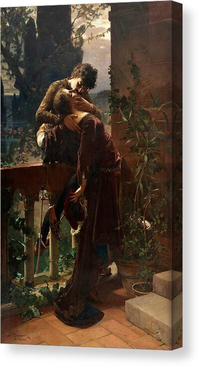 Swedish Art Canvas Print featuring the painting Romeo and Juliet on the Balcony by Julius Kronberg