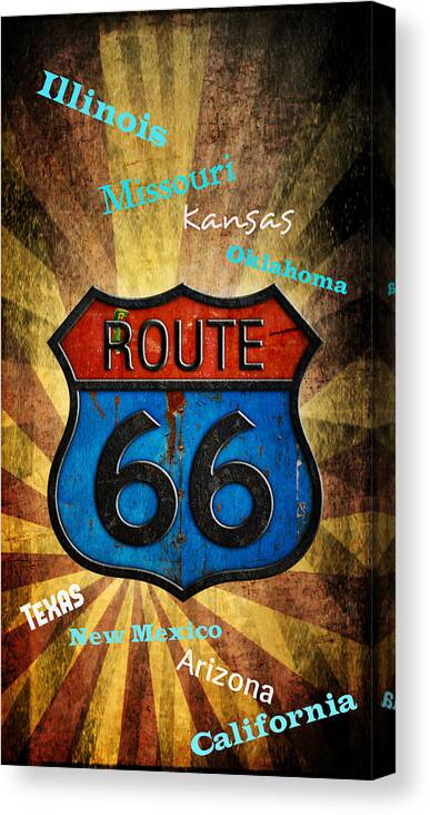Route Canvas Print featuring the digital art Route 66 by Rumiana Nikolova