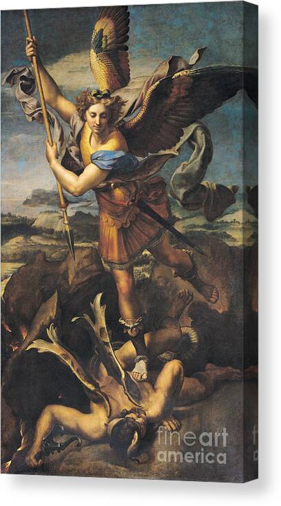 Michael Canvas Print featuring the painting Saint Michael Overwhelming the Demon by Raphael