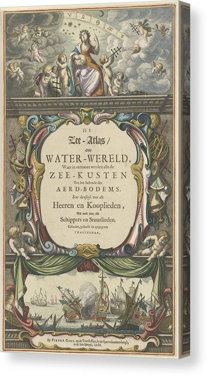 Title Page For Pieter Goos Canvas Print featuring the painting Title page for Pieter Goos, The Sea-Atlas dusty Water World, 1668, Pieter Goos, 1668 by Celestial Images