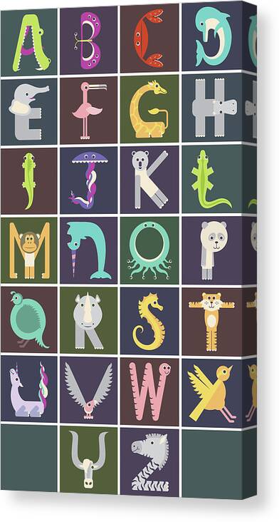 Animal Alphabet Canvas Print featuring the digital art Vertical Animal Alphabet Complete Poster by Jen Montgomery