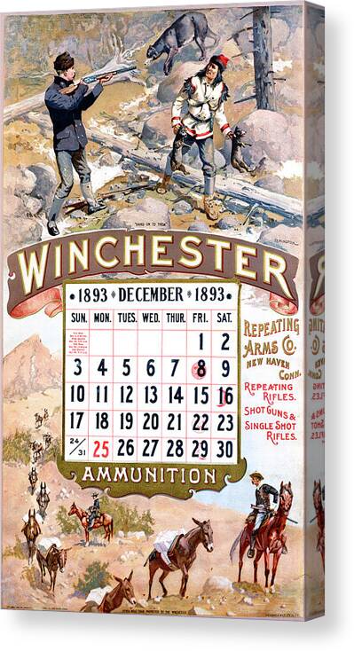 Outdoor Canvas Print featuring the painting 1893 Winchester Repeating Arms And Ammunition Calendar by Fredrick Remington