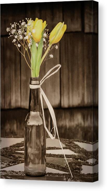 Terry D Photography Canvas Print featuring the photograph Yellow Tulips in Glass Bottle Sepia by Terry DeLuco