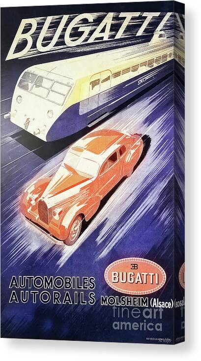 Vintage Canvas Print featuring the mixed media 1930s Art Deco Poster Featuring Bugatti T57 And Train by Retrographs