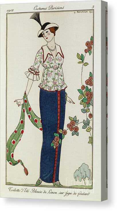 Barbier Canvas Print featuring the painting A Woman Wearing A Summer Blouse And Skirt She Holds A Green Scarf She Wears A Hat With A Feather by Georges Barbier