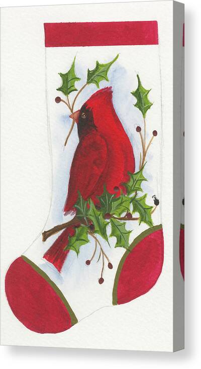 Male Cardinal With Holly Stocking Canvas Print featuring the painting Cardinal With Holly Stocking by Beverly Johnston