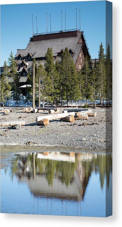 Yellowstone Canvas Print featuring the photograph Old Faithful Inn Reflection by Bruce Gourley