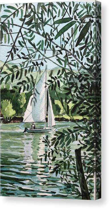 Malibou Lake Canvas Print featuring the painting Sailboat on Malibou Lake. by Luisa Millicent