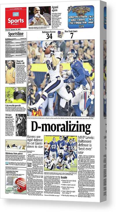 Usa Today Canvas Print featuring the digital art 2001 Ravens vs. Giants USA TODAY SPORTS SECTION FRONT by Gannett
