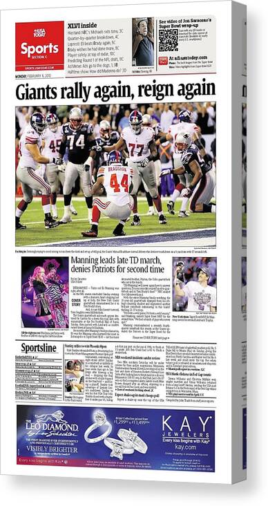 Usa Today Canvas Print featuring the digital art 2012 Giants vs. Patriots USA TODAY SPORTS SECTION FRONT by Gannett