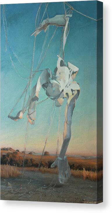 Guy Kinnear Canvas Print featuring the painting Hanging Paper Man At Dawn by Guy Kinnear
