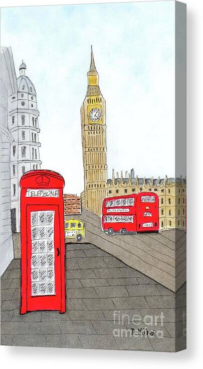 London Canvas Print featuring the painting London's Red Phone Booth and Bus by Donna Mibus