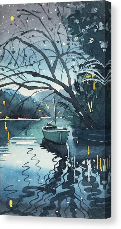 Canoe Canvas Print featuring the painting The Lonely Canoe at Night. by Luisa Millicent