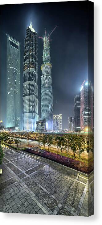 Chinese Culture Canvas Print featuring the photograph 3 Large Skyscrapers Close Together by Steffen Schnur