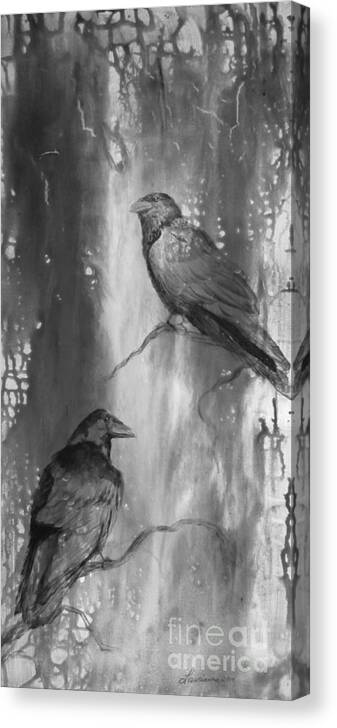 Ravens Canvas Print featuring the painting Black and White Ravens by Laurianna Taylor
