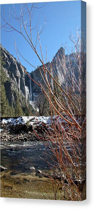 Bridal Veil Falls From Across The Merced River Canvas Print featuring the photograph Bridal Veil Falls From Across The Merced River by Her Arts Desire