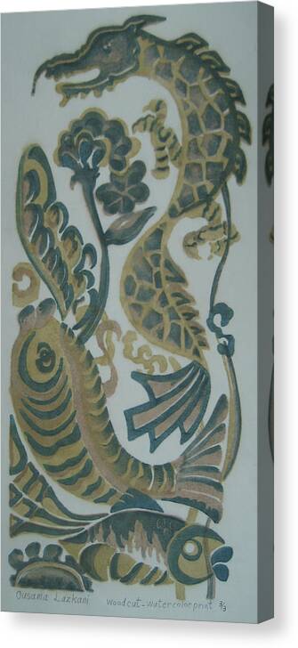 Folk Canvas Print featuring the painting Dragon and Fish by Ousama Lazkani