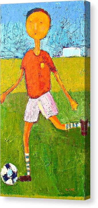 Painting Of Children Canvas Print featuring the painting Little soccer player by Habib Ayat