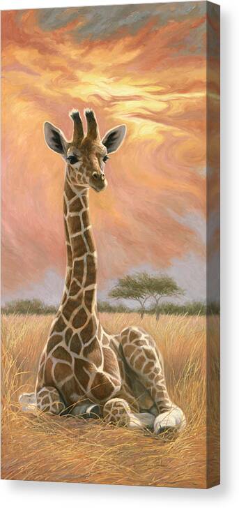 Giraffe Canvas Print featuring the painting Newborn Giraffe by Lucie Bilodeau