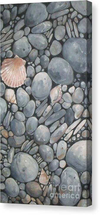 Doodlefly Canvas Print featuring the painting Scallop Shell and Black Stones by Mary Hubley