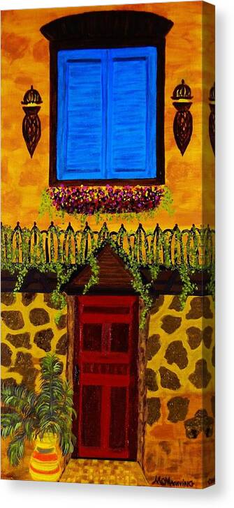 Red Door On Stone House Canvas Print featuring the painting The Red Door by Celeste Manning