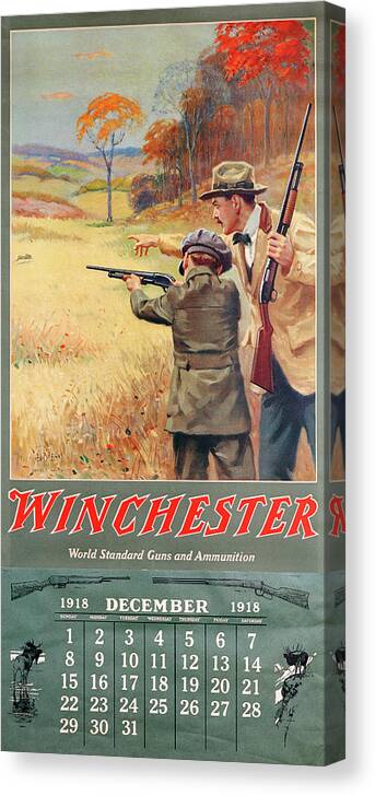 Outdoor Canvas Print featuring the painting 1918 Winchester Repeating Arms And Ammunition Calendar by George Brehm