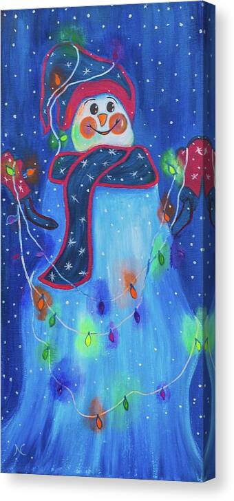 Snowman Canvas Print featuring the painting Bright Light Snowman by Neslihan Ergul Colley