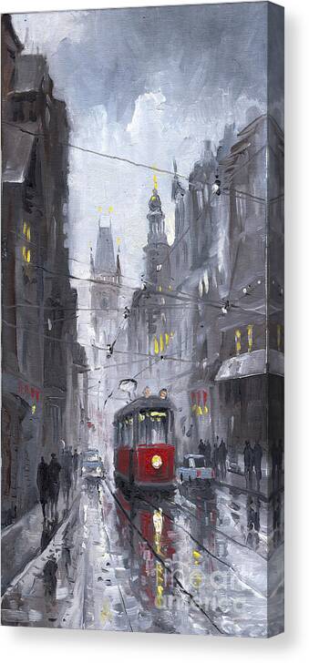 Oil On Canvas Canvas Print featuring the painting Prague Old Tram 03 by Yuriy Shevchuk