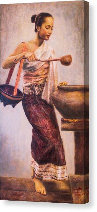 Lao Traditional Dress Canvas Print featuring the painting Water Jar by Sompaseuth Chounlamany